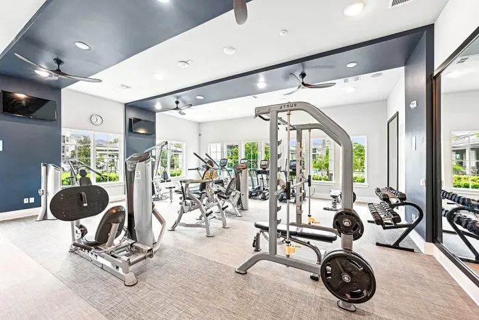 Bright, modern fitness center with strength and cardio equipment, free weights, and large windows providing natural light and views of the community.