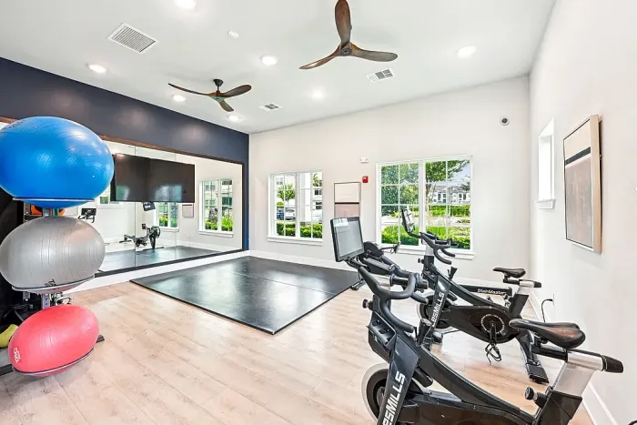 Fitness studio with stationary bikes, a mirrored wall, and open workout space, featuring exercise mats and stability balls in a bright, modern setting.