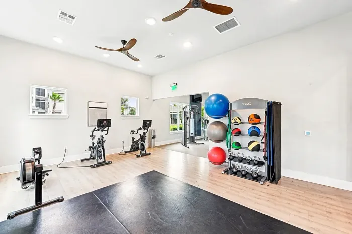 Spacious fitness studio with open workout area, stationary bikes, strength equipment, and storage for exercise balls, weights, and resistance bands.