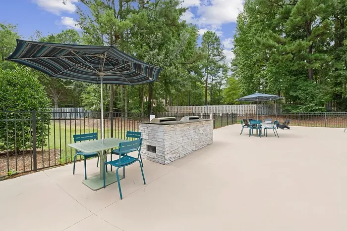 Outdoor grilling and picnic area with tables, chairs, and umbrellas, featuring a built-in grill station and surrounded by trees.