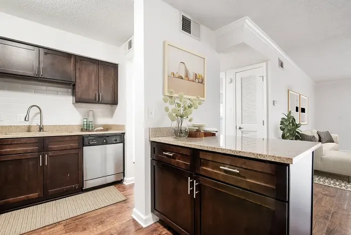 Modern apartment kitchen with elegant dark wood cabinets, sleek countertops, and a cozy adjoining living room.