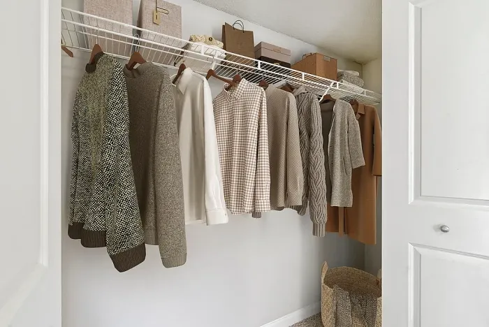 Elegant closet showcasing organized clothing and stylish storage solutions.