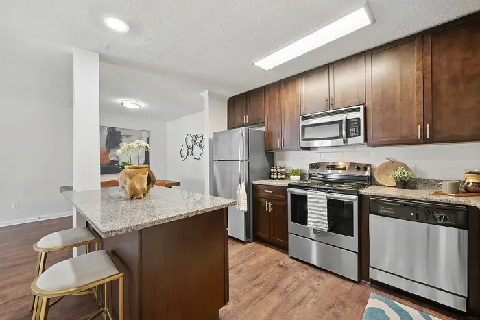 Modern kitchen with sleek stainless steel appliances, warm wooden cabinetry, and elegant granite countertops, creating a stylish culinary space.