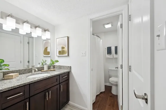 Modern bathroom with elegant granite countertop, stylish dark wood cabinetry, and contemporary lighting.