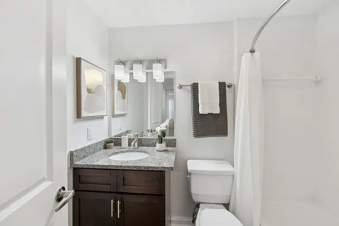 Contemporary bathroom with elegant granite countertop, sleek lighting, and modern art decor.