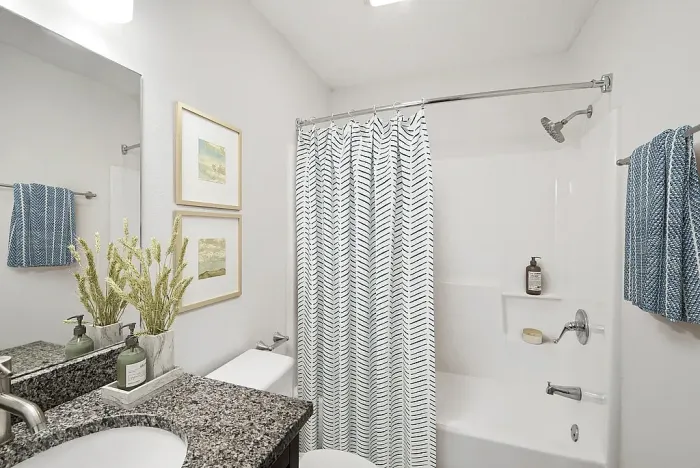 Elegant bathroom featuring a sleek granite countertop, stylish decor, and a modern shower with a chic patterned curtain.