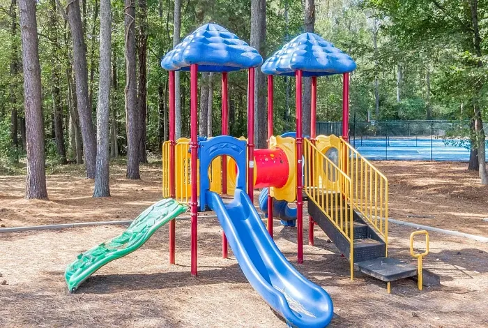 Vibrant outdoor playground with colorful slides and climbing structure surrounded by lush trees, perfect for family fun.