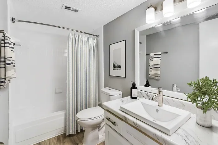 Clean, modern bathroom with a white tub and striped shower curtain, toilet, and a marble-style vanity with a rectangular sink and large mirror. Features neutral gray walls, a three-light fixture above the mirror, framed wall art, and simple decor with a plant and soap dispenser.