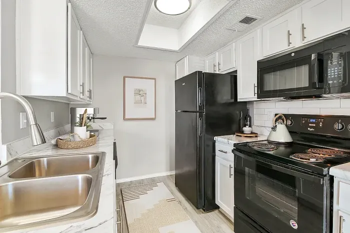 Bright galley kitchen with white cabinets, marble-style countertops, and a double stainless steel sink. Features include black appliances, an electric stove and microwave, a skylight, and hardwood-style flooring, with simple decor like a plant, tray accents, and framed wall art.
