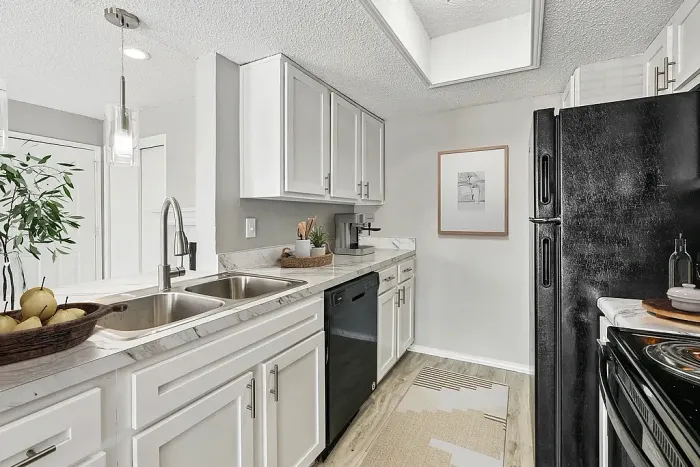 Bright galley kitchen with white cabinets, marble-style countertops, and a double stainless steel sink. Features include black appliances, a dishwasher, pendant lighting, a skylight, and hardwood-style flooring, with simple decor like a fruit bowl, plants, and framed wall art.