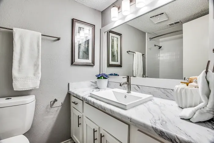 Modern bathroom with a marble-style vanity, rectangular sink, and large mirror with overhead lighting. Features include a toilet, neutral gray walls, framed artwork, a towel bar with white towels, and a white tub and shower reflected in the mirror, accented with simple decor and a small plant.