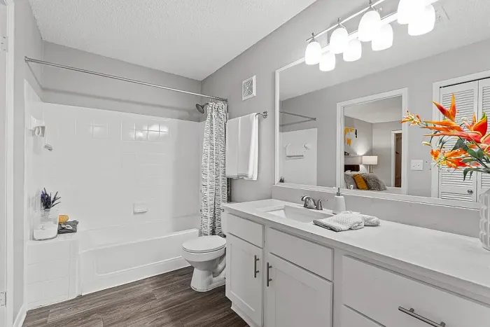 Modern bathroom with tub and shower combo, white quartz vanity, large mirror, and wood-style flooring.