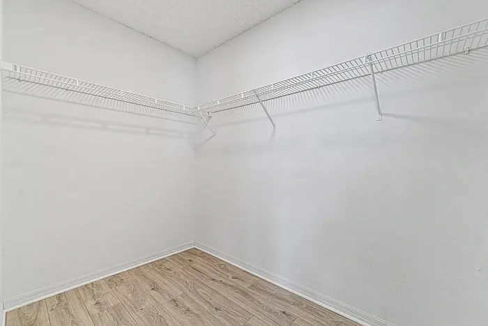 Spacious walk-in closet with built-in wire shelving and wood-style flooring.