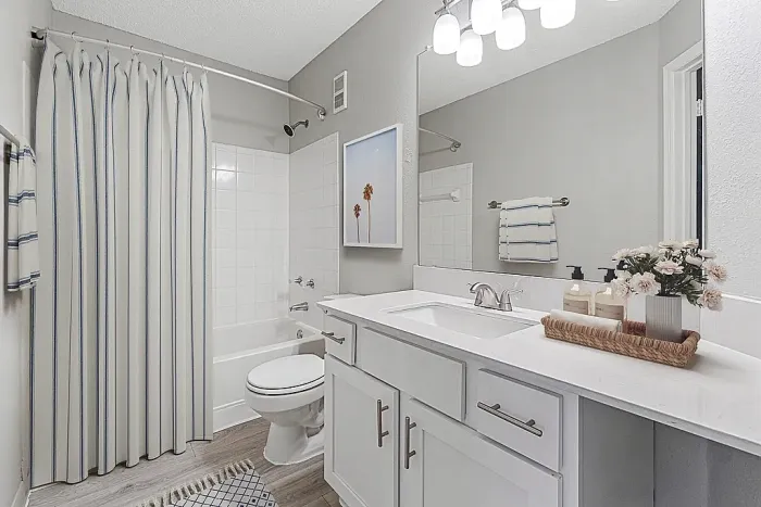 Bathroom with tub and shower combo, large vanity, and modern lighting.