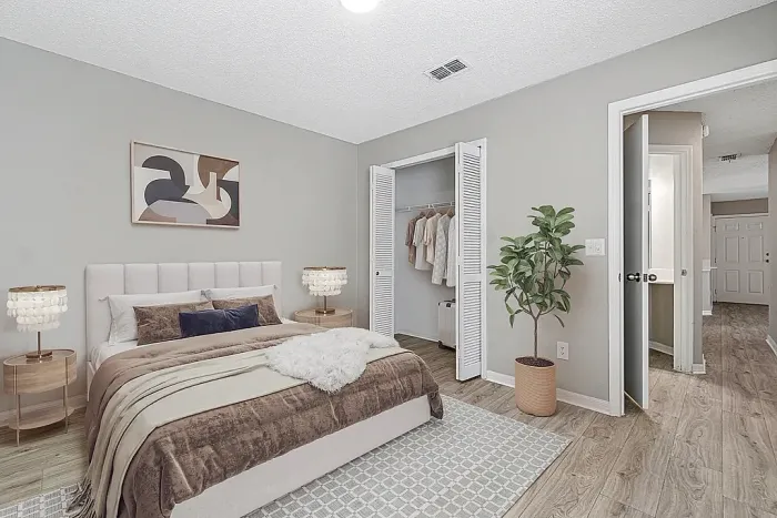 Spacious bedroom with large closet, wood-style flooring, and modern finishes.