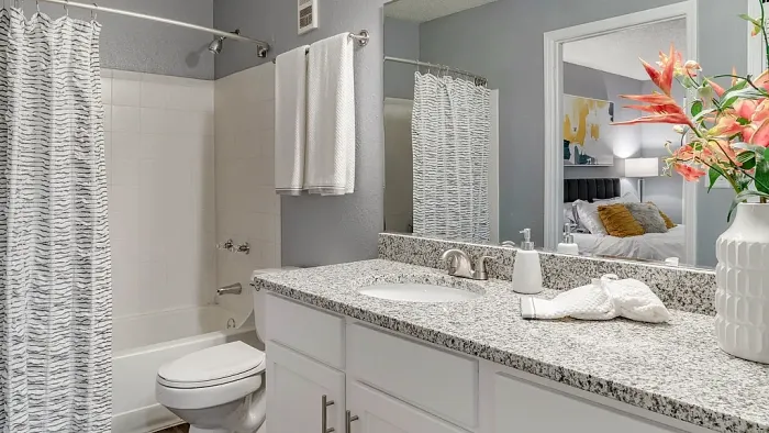 Bright, modern bathroom featuring a granite countertop vanity with sink, white cabinetry, large mirror, and brushed nickel fixtures, alongside a shower-tub combo with white tile surround and patterned curtain.