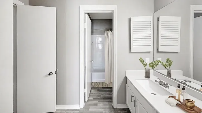 Clean, modern bathroom with a single-sink vanity, large mirror, and neutral finishes, leading to a separate tub and shower area.