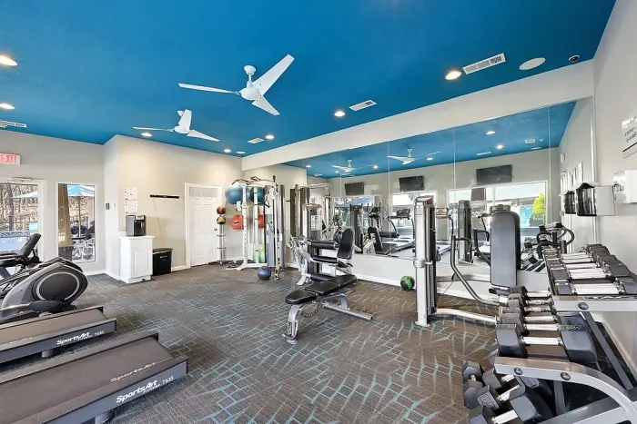 Spacious apartment fitness center featuring cardio and strength-training equipment, free weights, mirrored walls, large windows, recessed lighting, and a vibrant blue ceiling with modern ceiling fans.
