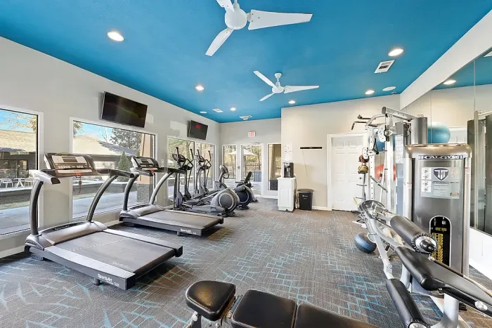 Modern apartment fitness center with treadmills, ellipticals, strength-training equipment, wall-mounted TVs, floor-to-ceiling mirrors, large windows with natural light, and a bright blue ceiling with recessed lighting and ceiling fans.