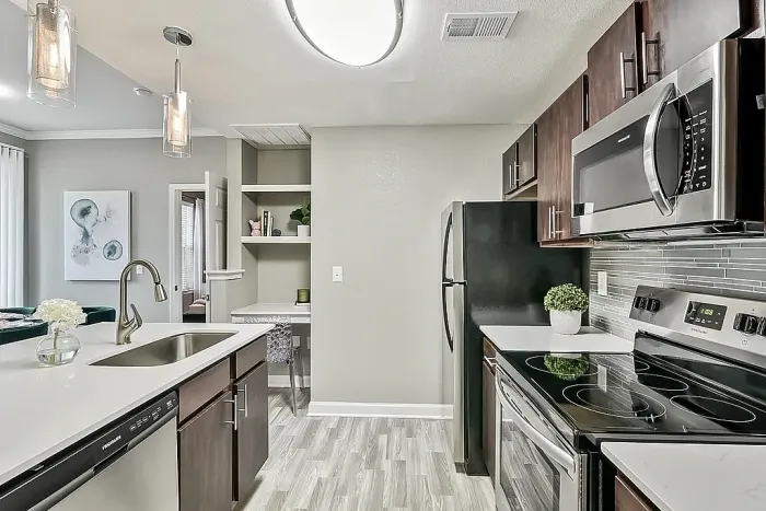 Modern galley-style apartment kitchen with dark wood cabinets, stainless steel appliances, quartz-style countertops, gray tile backsplash, pendant lighting, and wood-style flooring in an open-concept layout.