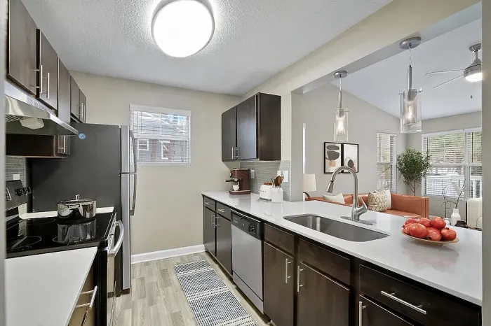 Bright open-concept apartment kitchen with dark wood cabinetry, stainless steel appliances, white quartz-style countertops, pendant lighting, and a large breakfast bar overlooking the living area.