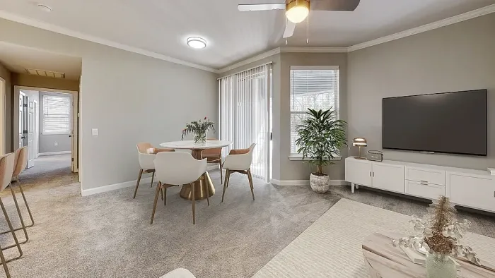 Bright open-concept apartment living and dining area with plush carpeting, contemporary furnishings, a modern dining space, large windows for natural light, and access to a private balcony or patio.