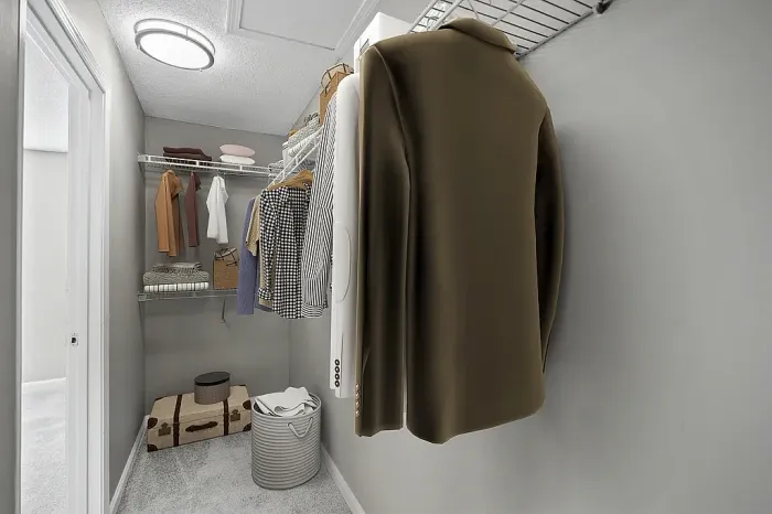 Spacious walk-in closet with wire shelving, hanging storage, plush carpeting, and organized clothing and accessory storage.
