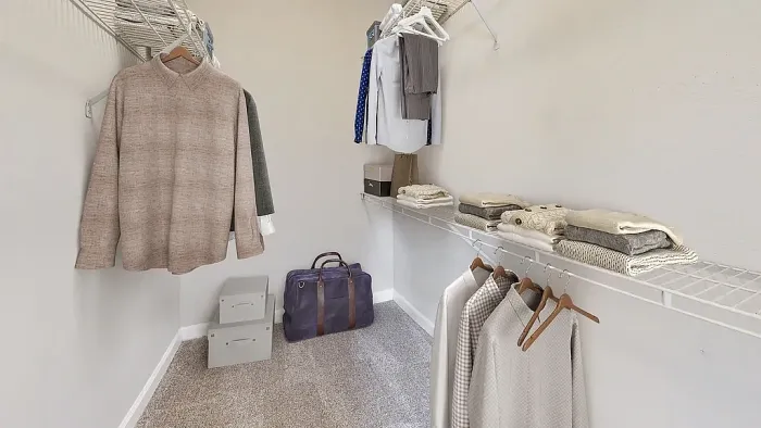 Spacious walk-in closet with wire shelving, hanging storage, plush carpeting, and organized space for clothing, shoes, and accessories.