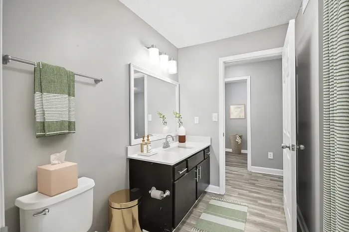 Modern apartment bathroom with dark wood vanity cabinetry, quartz-style countertops, wood-style flooring, contemporary lighting, and neutral gray finishes throughout.