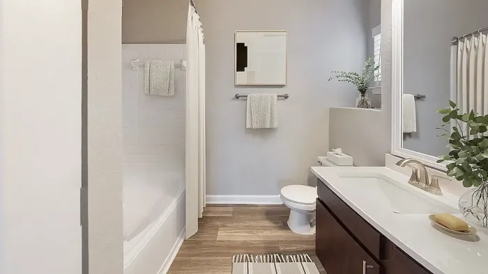 Modern bathroom with wood-style flooring, dark wood vanity, oversized mirror, soaking tub with shower curtain, neutral finishes, and soft natural accents for a clean, spa-inspired feel.