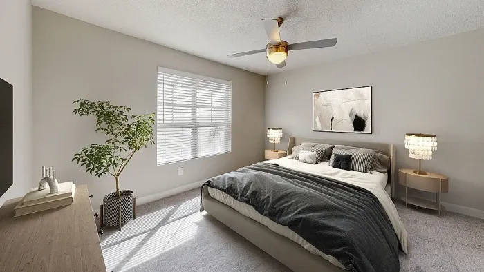 Elegant bedroom featuring soft carpeting, a large sunlit window, modern ceiling fan, upholstered bed, and contemporary furnishings in a calming neutral color palette.