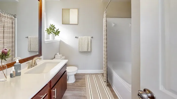 Bright bathroom with wood-style flooring, modern dark wood vanity, oversized framed mirror, soaking tub and shower combination, and clean neutral finishes throughout.