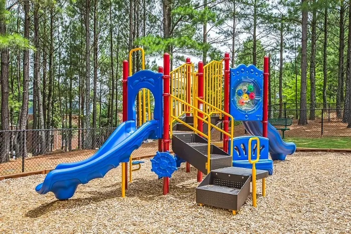 Colorful community playground featuring interactive play structures, slides, and a spacious outdoor setting surrounded by scenic wooded views.
