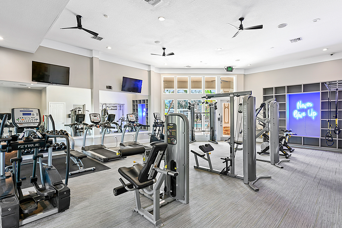 Modern, well-equipped fitness center with state-of-the-art exercise machines, bright ambiance, and motivational neon sign.