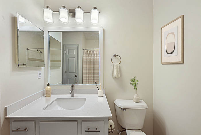 Modern bathroom featuring elegant vanity with mirror, stylish lighting, and contemporary decor.