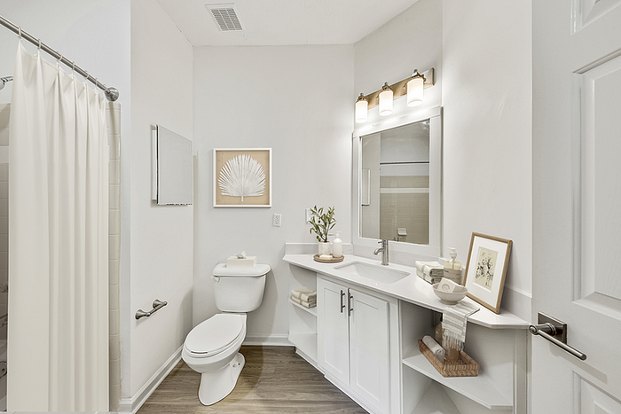 Bright and modern bathroom featuring elegant lighting, sleek fixtures, and stylish decor for a serene ambiance.