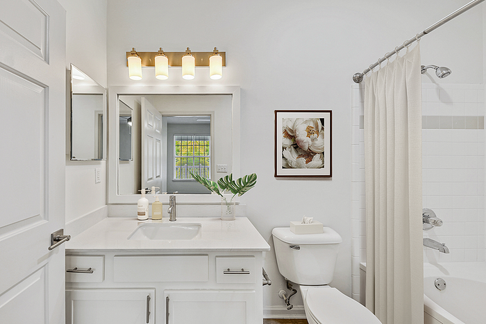 Elegant bathroom featuring a bright vanity with modern lighting, a sleek shower-tub combo, and tasteful decor.