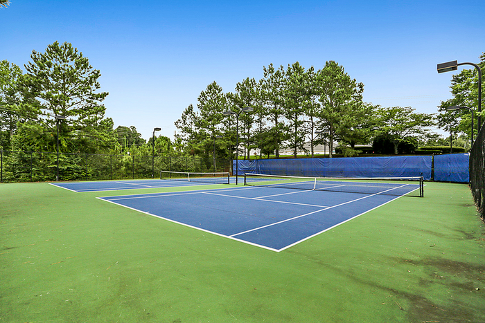 Inviting outdoor tennis court surrounded by lush greenery, perfect for active living in a serene setting.