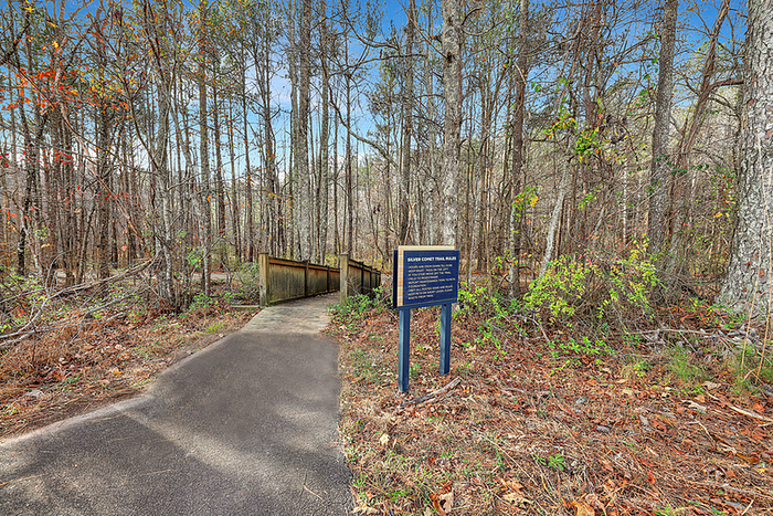 Inviting woodland trail entrance flanked by tall trees and a welcoming sign, perfect for nature walks.