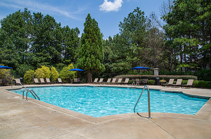 Inviting outdoor swimming pool surrounded by lush greenery and lined with comfortable loungers, perfect for relaxation and leisure.