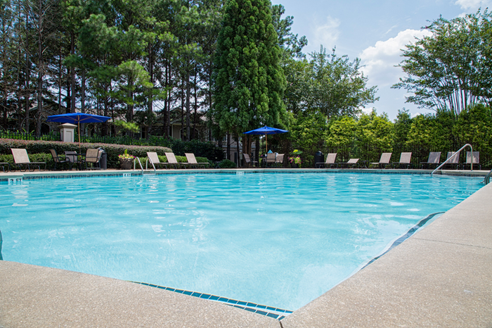 Refreshing outdoor swimming pool surrounded by lush greenery and comfortable lounge chairs, perfect for relaxation.