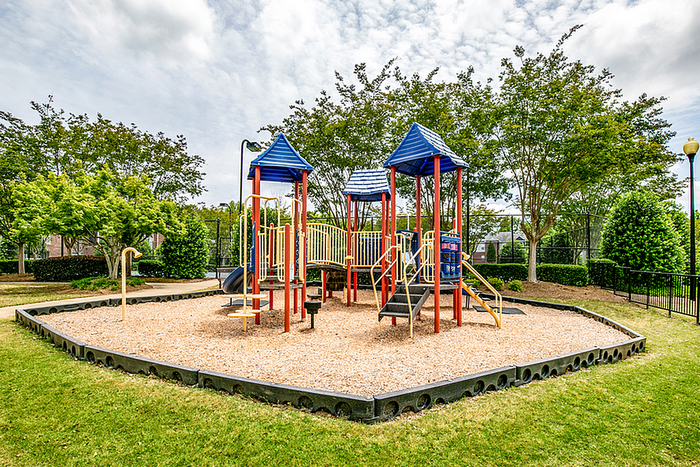 Charming outdoor playground with vibrant play structures surrounded by lush greenery, perfect for family fun and relaxation.