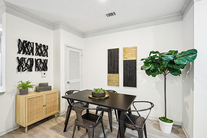 Modern dining area with sleek black table, chic decor, and lush indoor plants creating a stylish ambiance.