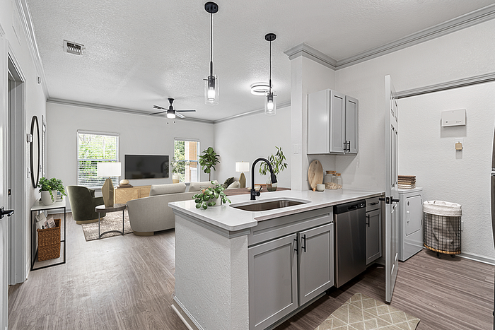 Chic open-plan apartment kitchen and living area with modern decor, stylish lighting, and natural light accents.