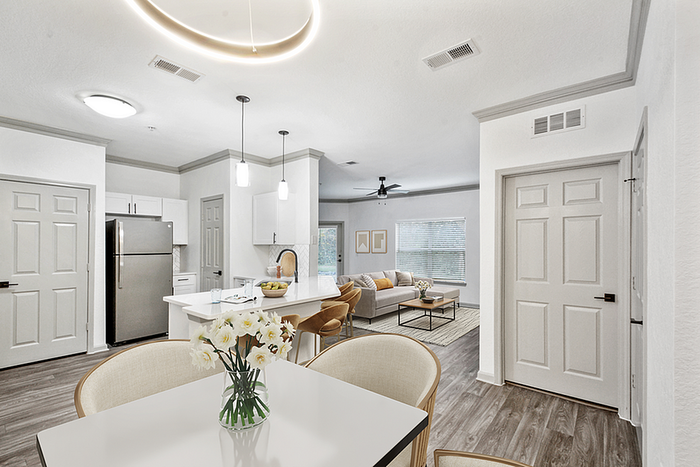 Modern open-concept apartment interior with sleek kitchen, chic dining area, and cozy living room featuring abundant natural light.