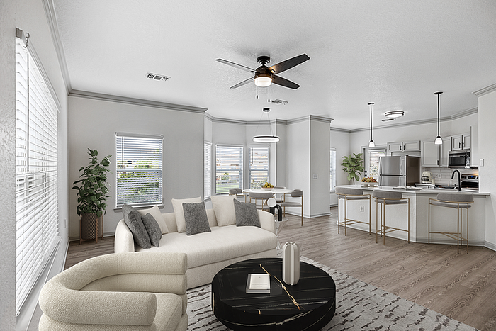 Elegant open-concept living area in a modern apartment with a cozy sofa, stylish kitchen, and inviting dining space.