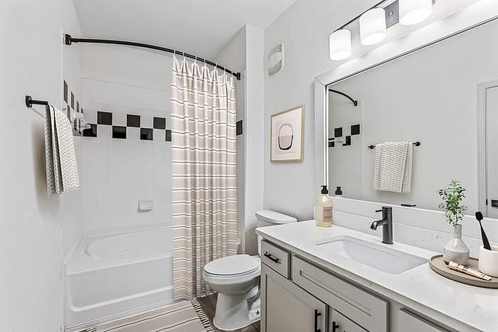 Bright and elegant bathroom with modern fixtures, featuring a sleek vanity, a large mirror, and a stylish shower curtain.