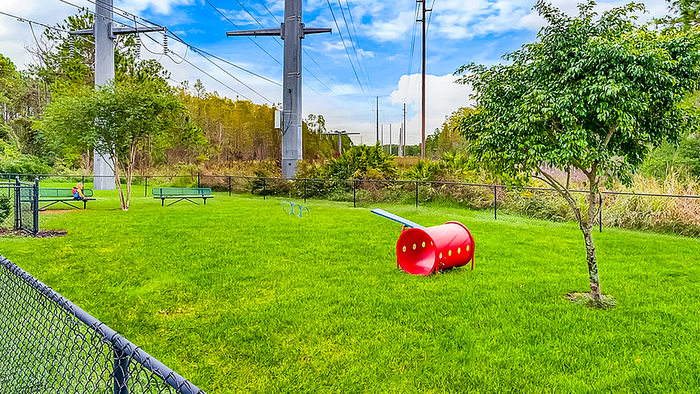 Vibrant dog park with lush green grass, playful red tunnel, and shaded seating area, perfect for residents and pets.