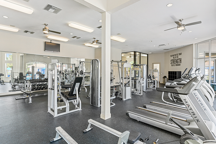 Modern fitness center with state-of-the-art equipment, mirrored walls, and ample natural light.