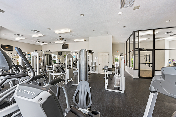 Modern fitness center with state-of-the-art gym equipment, spacious design, and natural lighting for a refreshing workout experience.